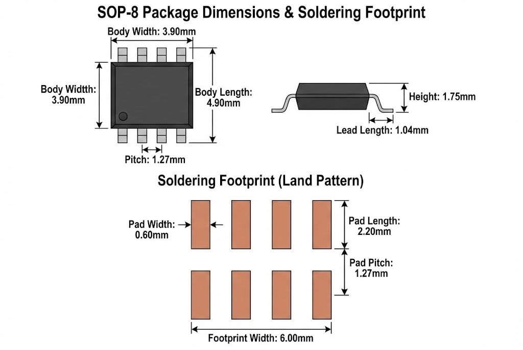SOP-8 package dimensions and soldering footprint