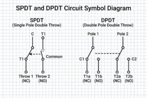 Diagram showing SPDT and DPDT circuit symbols, each with their respective pole and throw connections on a grid background.