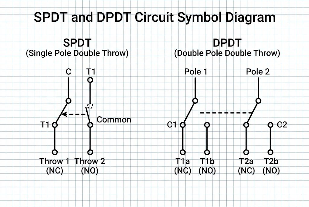 SPDT vs DPDT Circuit Symbols SPDT and DPDT circuit symbol diagram