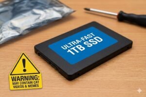 Ultra-fast 1TB SSD on a desk with a warning sign reading 'may contain cat videos and memes.'