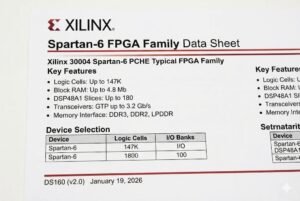 Xilinx Spartan-6 FPGA Family data sheet highlighting key features and device selection.