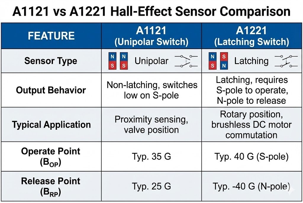 A1121 Unipolar vs A1221 Latch Hall Sensor Comparison A1121 vs A1221 comparison chart