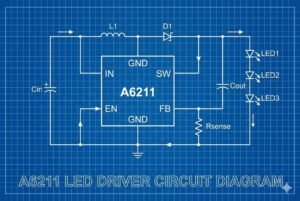Technical schematic of A6211 LED driver circuit on blue grid background.