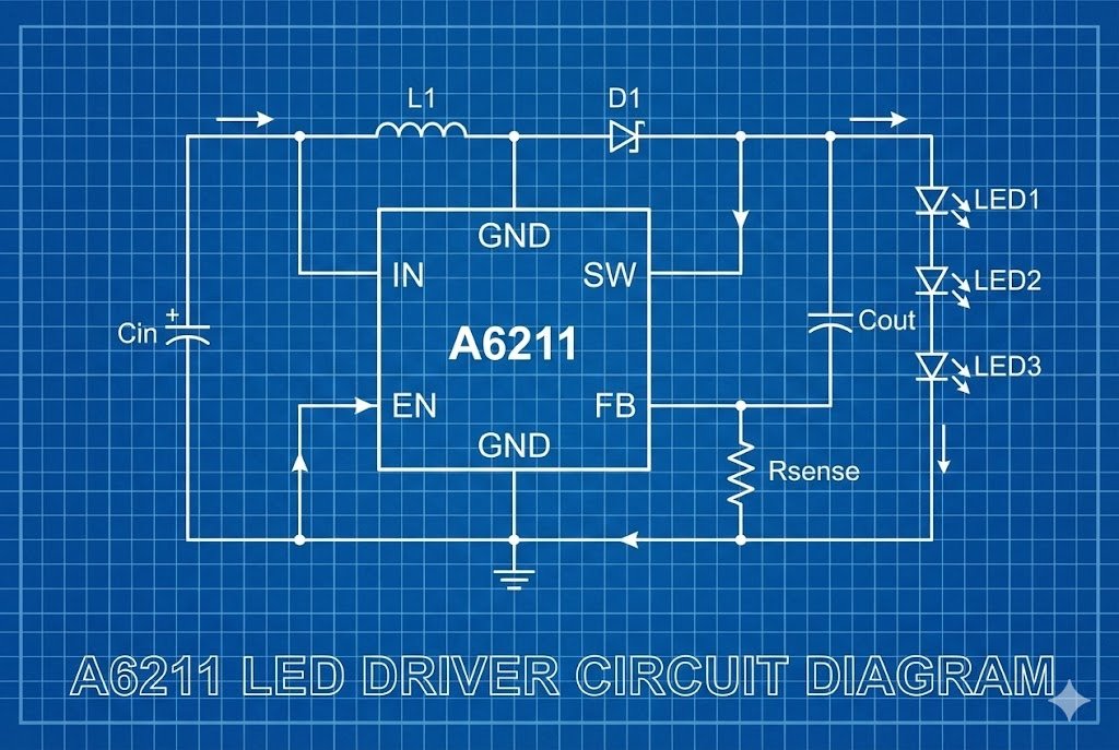 A6211 LED driver chip circuit diagram on a blue blueprint background