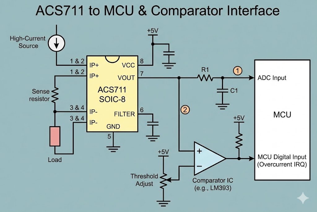Connection Schematic to MCU Schematic connecting ACS711 to MCU and Comparator