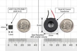 Comparison of ACS711KLCTR-25AB-T IC and a small AC current transformer with a ruler for scale.