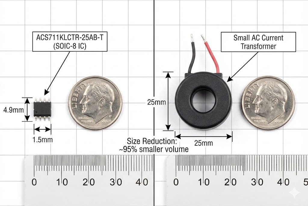 ACS711 Package Size Comparison ACS711KLCTR-25AB-T size comparison with transformer