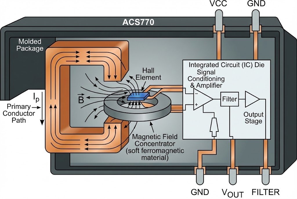 Internal structure of ACS770 Hall Effect Sensor