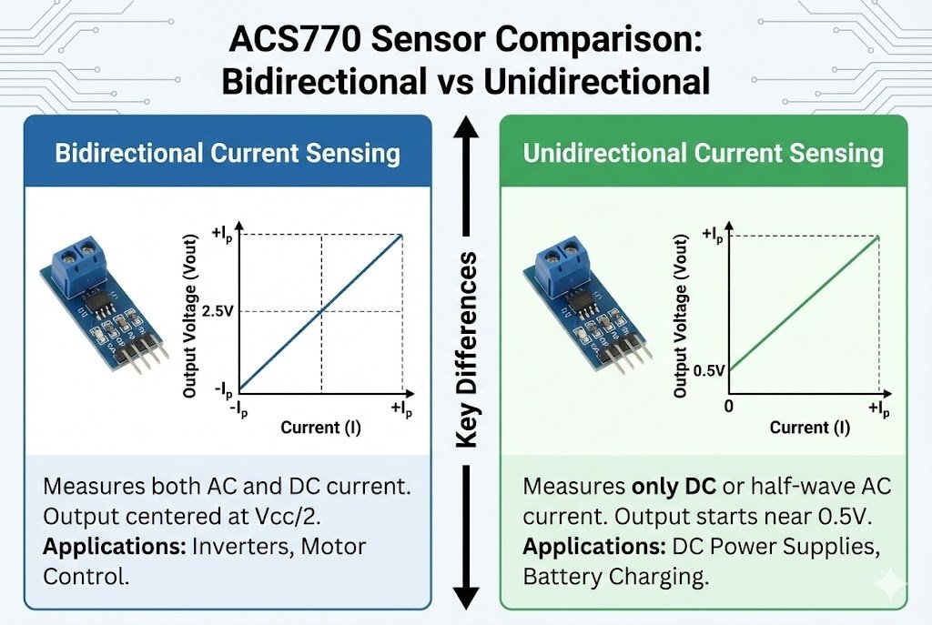 ACS770 sensor comparison bidirectional vs unidirectional