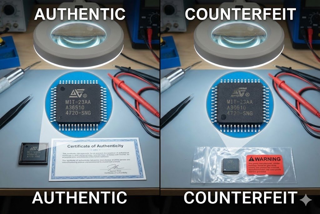 Chip Authenticity Testing Authentic vs Counterfeit electronic component comparison