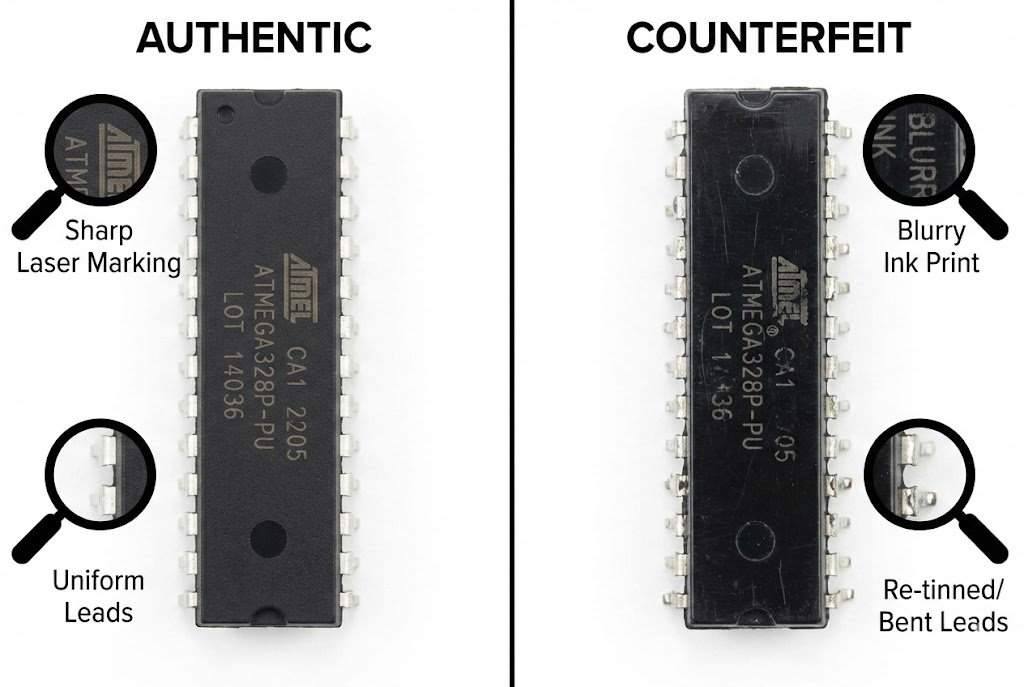 Authentic vs counterfeit IC comparison