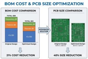 Comparison of BOM cost and PCB size between original and optimized designs, showing 21% cost reduction and 40% size reduction.