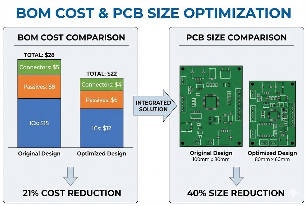 Comparison of BOM cost and PCB size