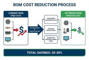 Flowchart depicting BOM cost reduction process with optimization and consolidation leading to reduced costs.