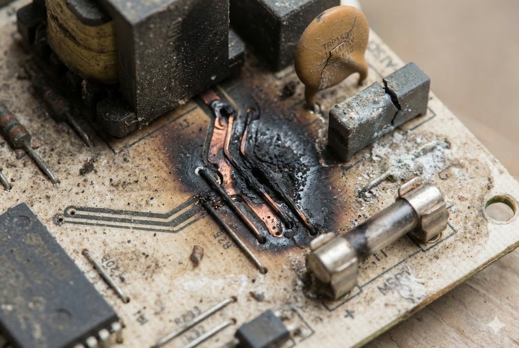 PCB showing arcing damage due to humidity and dust