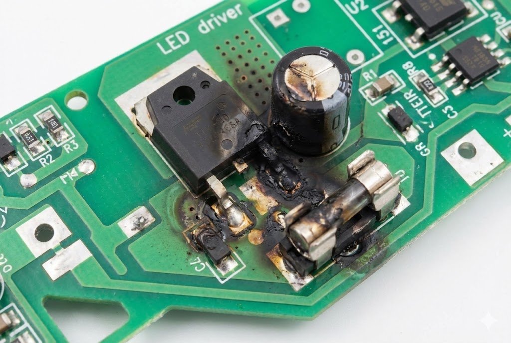 Burnt LED driver components Overheated LED driver board with burnt components