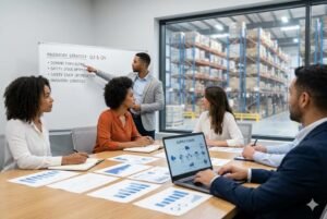 Team discussing inventory strategy in a modern office setting with a warehouse background.