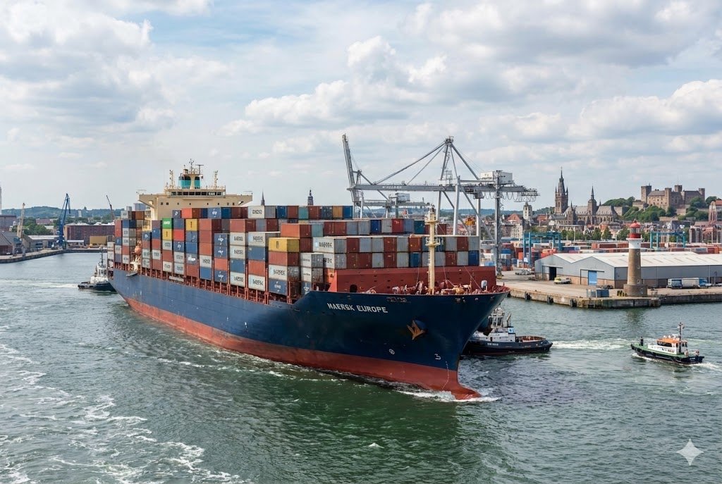 Global Export Logistics Cargo ship with shipping containers entering a European port