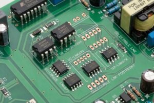 Close-up view of a green circuit board with multiple black integrated circuits and components.