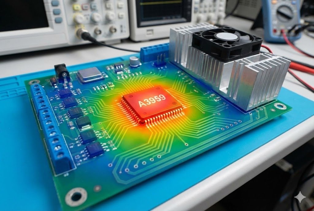 A3959 chip on a circuit board with heat dissipation visualization