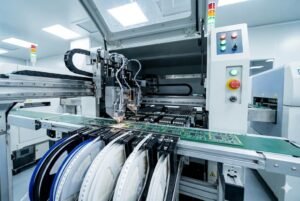 Automated machine assembling circuit boards in a factory setting with control panels and conveyors.