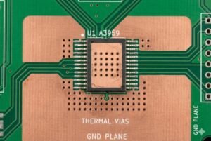 Close-up of a circuit board with a central chip, thermal vias, and labeled planes for electronic circuitry.