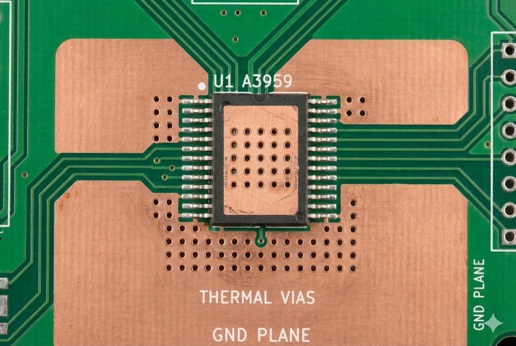 PCB layout example showing thermal vias and copper pour for A3959