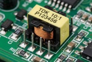 Close-up of a small transformer on a circuit board with a visible copper coil and electronic components.