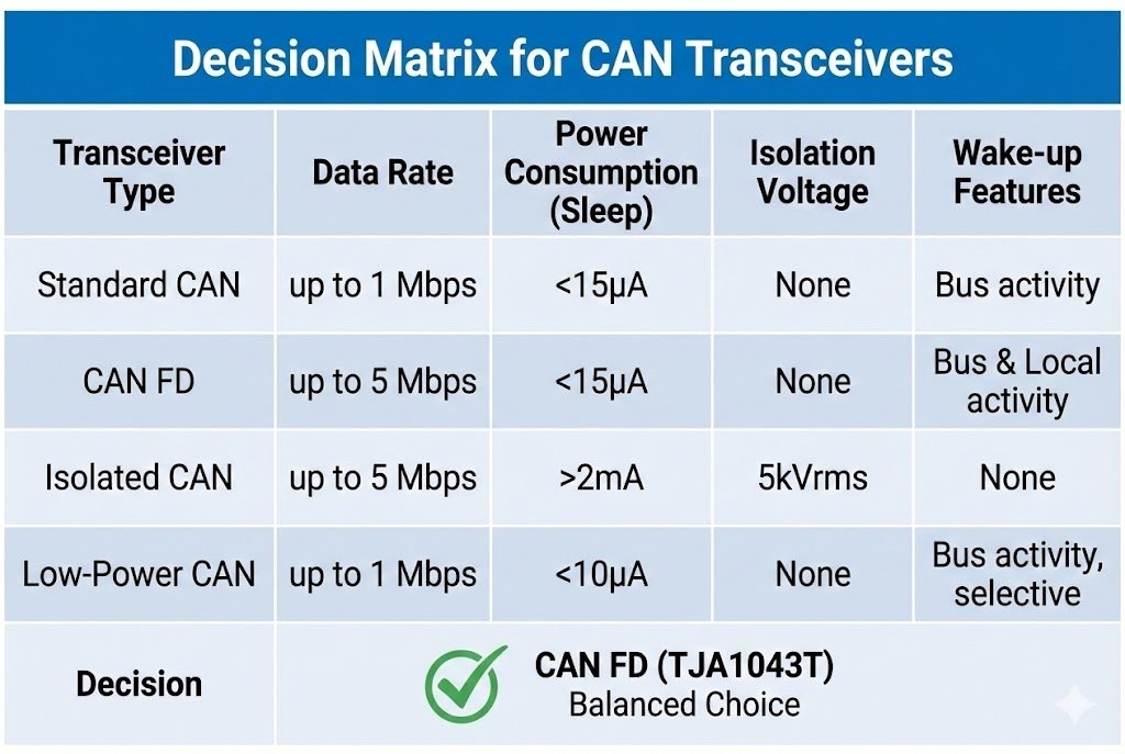 Transceiver Selection Flowchart Decision Matrix for CAN Transceivers