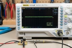 Digital oscilloscope displaying waveforms in a workshop setting with tools.