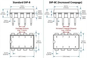 Illustration comparing standard DIP-8 and DIP-8C packages showing dimensions and creepage distances.