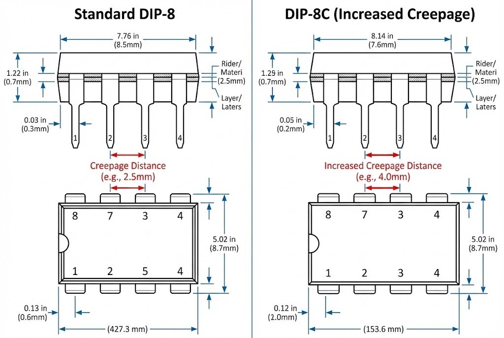Comparison of Standard DIP-8 vs DIP-8C creepage distance