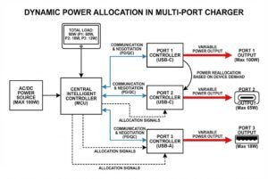 Diagram illustrating dynamic power allocation in a multi-port charger with USB controllers and port outputs.