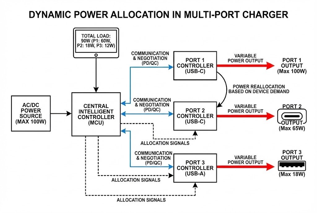 Diagram of dynamic power allocation in a multi-port charger