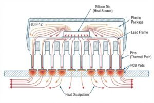Diagram illustrating the heat dissipation process in an eDIP-12, highlighting components like silicon die, lead frame, pins, and PCB pads.