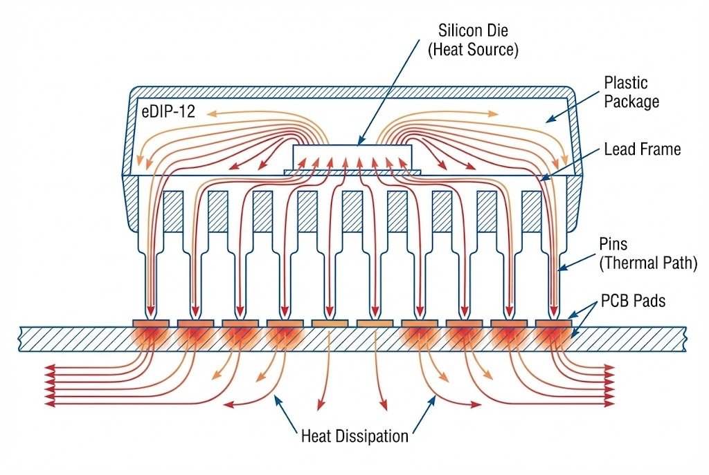 eDIP-12 Thermal Structure eDIP-12 package diagram showing heat transfer through pins