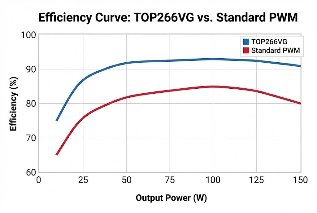 Multi-mode Control Efficiency Curve Graph showing efficiency curve of TOP266VG vs standard PWM