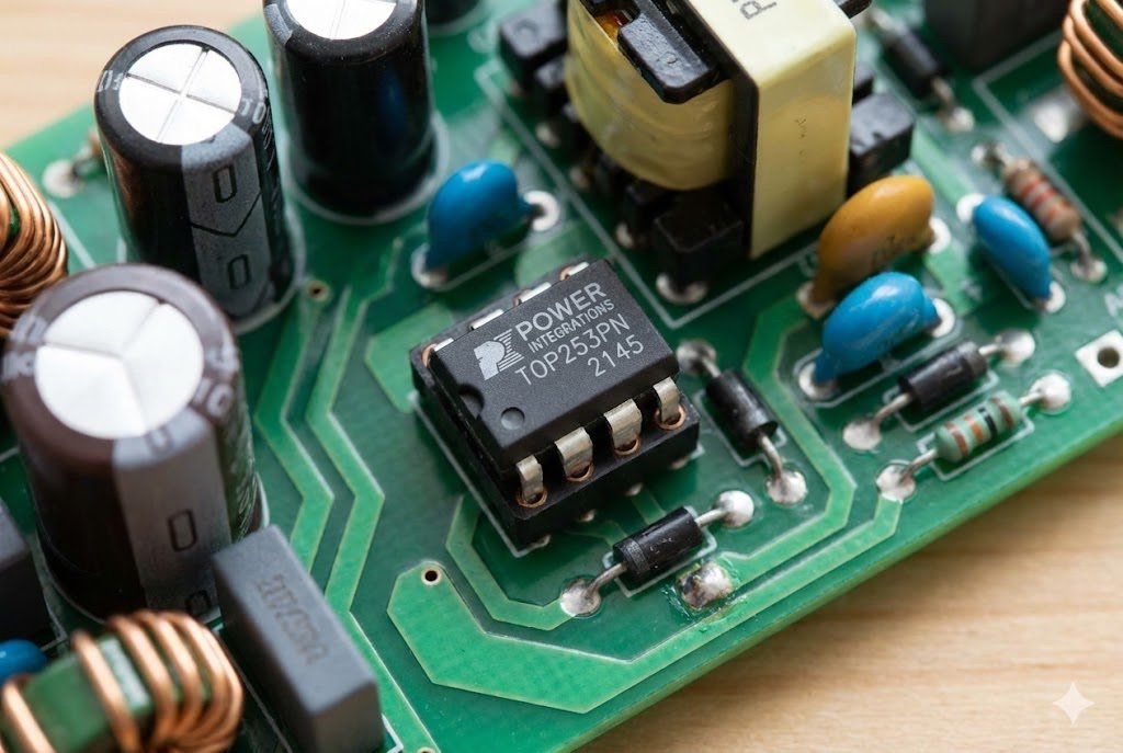 TOP253PN chip on a circuit board
