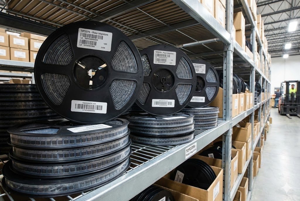 Warehouse shelf showing reels of TOP253PN components
