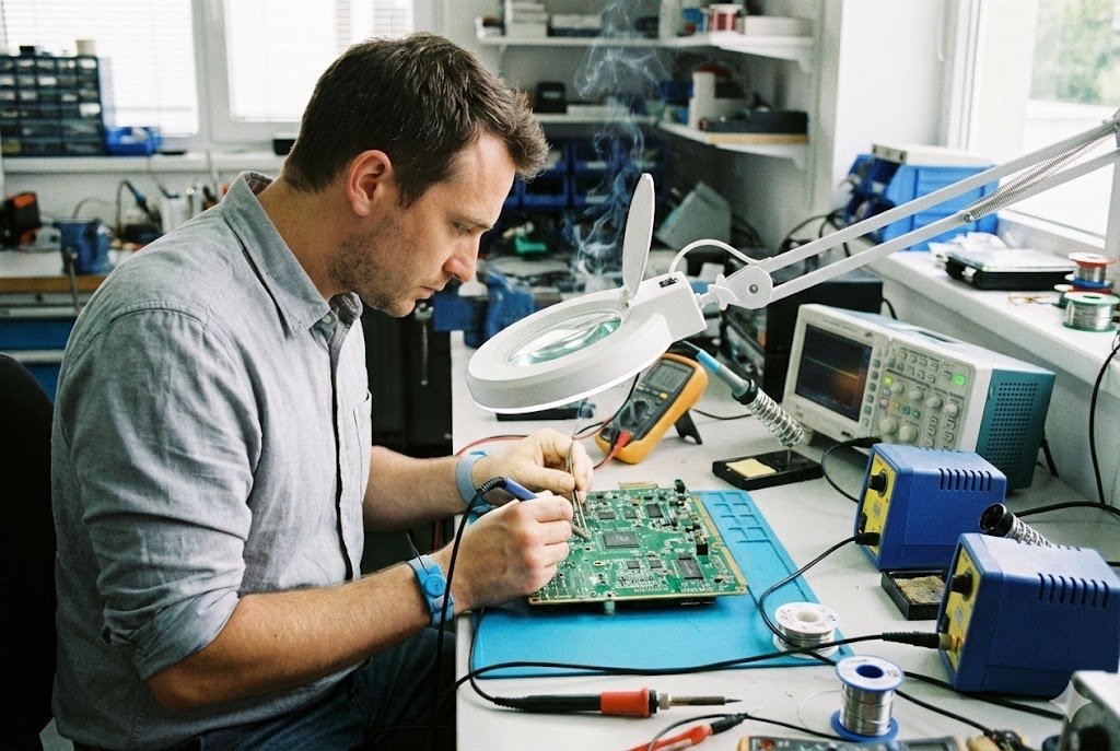 Technician repairing a circuit board
