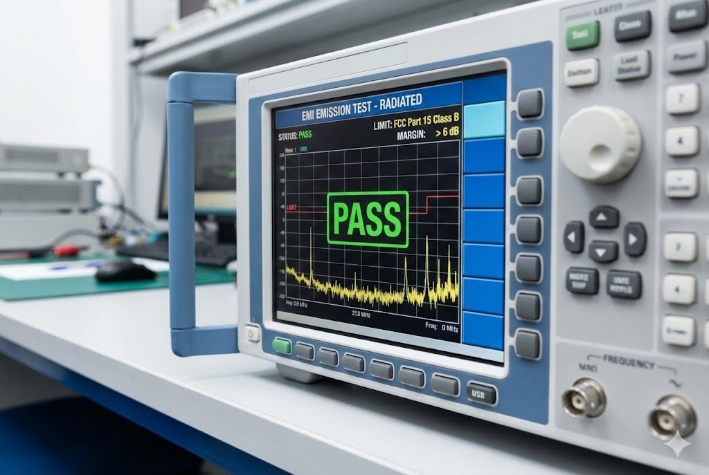 EMI test receiver screen showing pass result