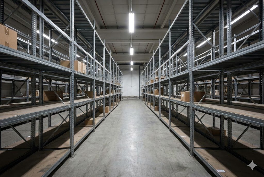 Empty warehouse shelves representing stock shortage