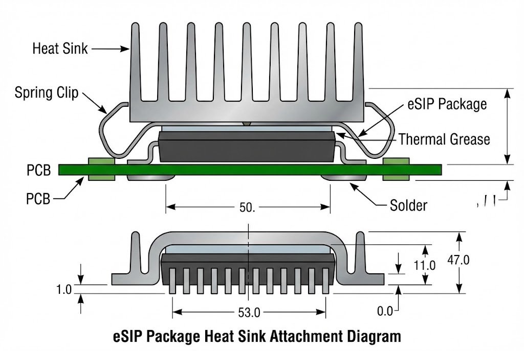 eSIP-7C package structure eSIP package diagram showing heat sink attachment