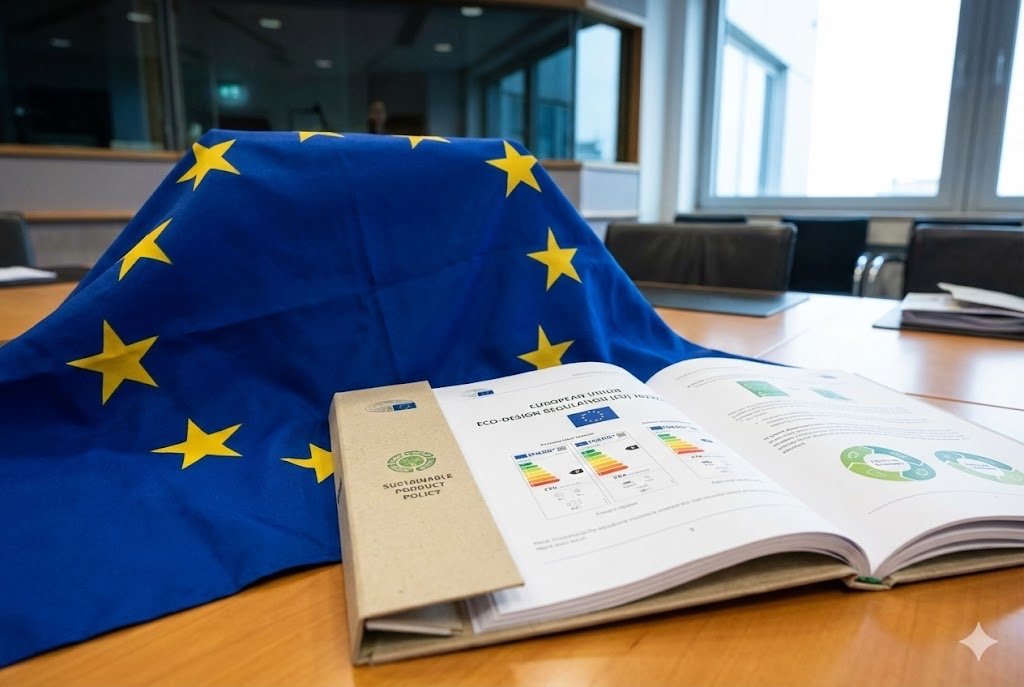 EU ErP Directive 2026 European Union flag with eco-design regulation document