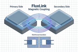An illustrative diagram showing FluxLink magnetic coupling with primary and secondary sides, highlighting reinforced isolation.