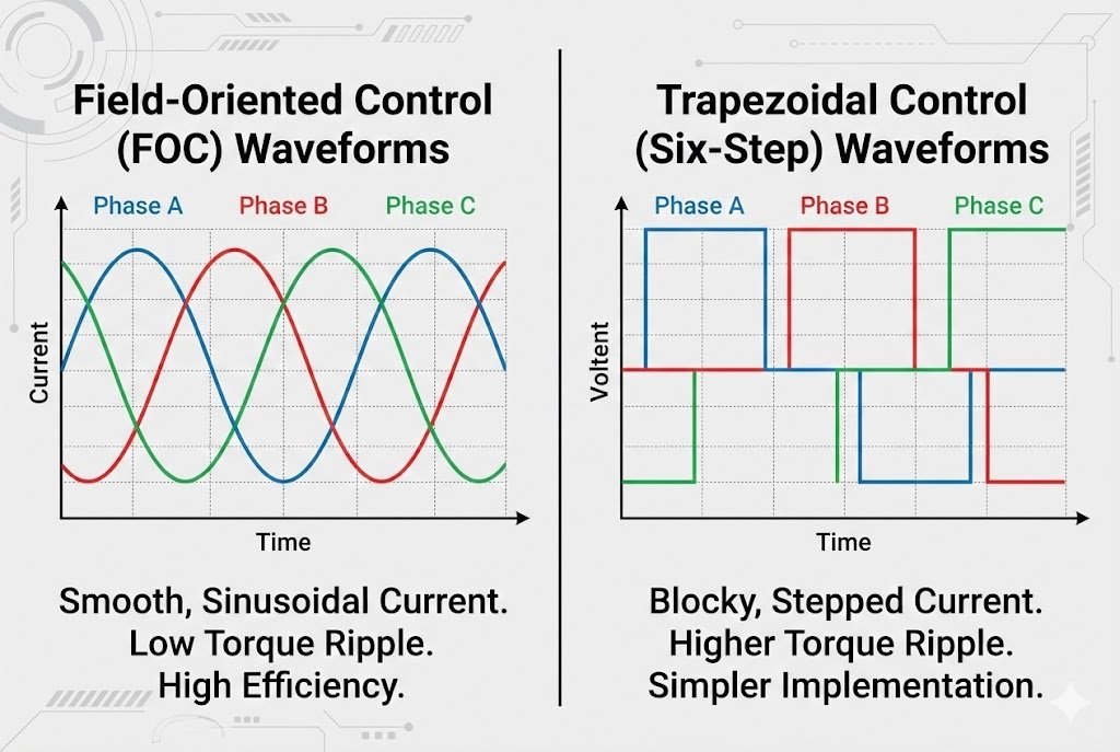 Comparison of FOC vs Trapezoidal control waveforms