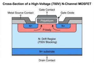 Diagram showing the cross-section of a high-voltage 700V N-channel MOSFET with labeled regions such as gate, source, and drain.