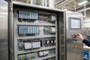 Industrial control panel with various electrical components and a touchscreen interface, used in automation.
