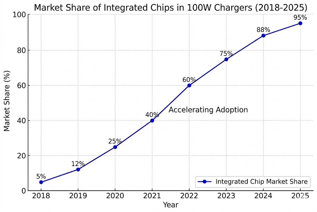 Graph showing the rise of integrated chips in the 100W charger market
