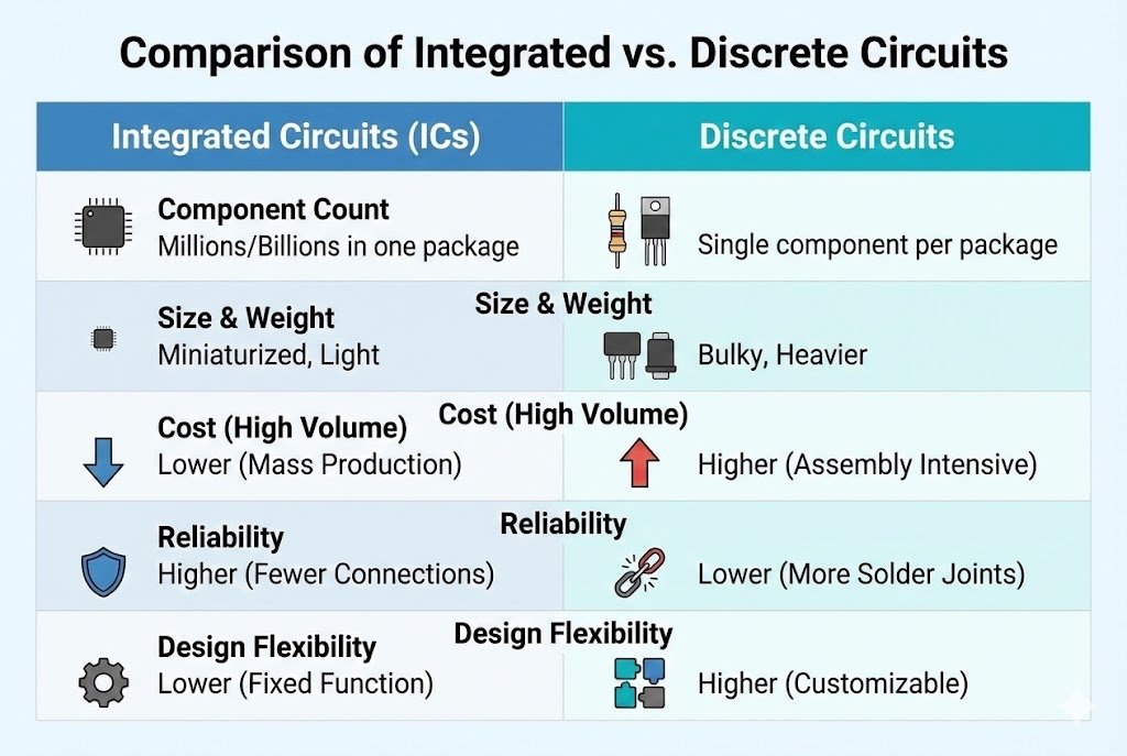 Integrated chip vs discrete components Comparison chart of integrated vs discrete circuits
